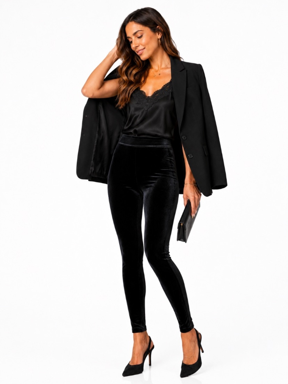 Spanx Black High Rise Velvet Leggings Quiet Luxury Glam Holiday Party in Size M